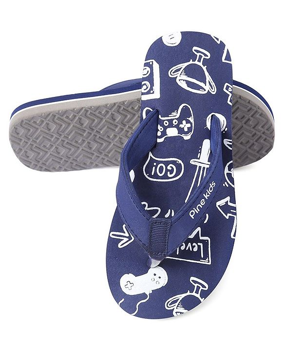 Pine Kids Slip On Flip Flops Games Print - Blue