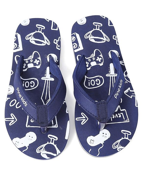 Pine Kids Slip On Flip Flops Games Print - Blue
