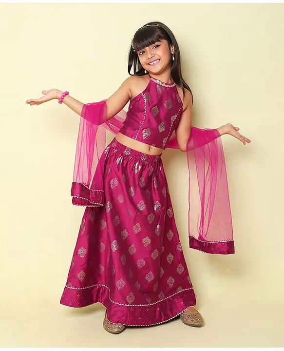 Buy Taffykids Sleeveless Foil Printed Back Tie Up Choli Lehenga