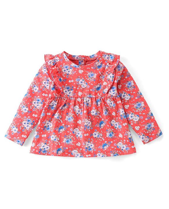 Babyhug 100% Cotton Knit Full Sleeves Top with Floral Print - Red