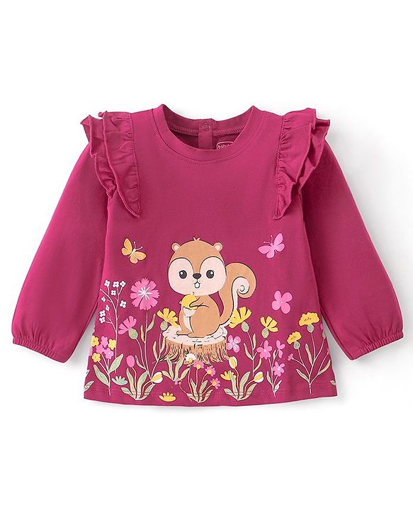 Babyhug Cotton Knit Full Sleeves Tee  & Frill Detailing Squirrel & Floral Print- Maroon