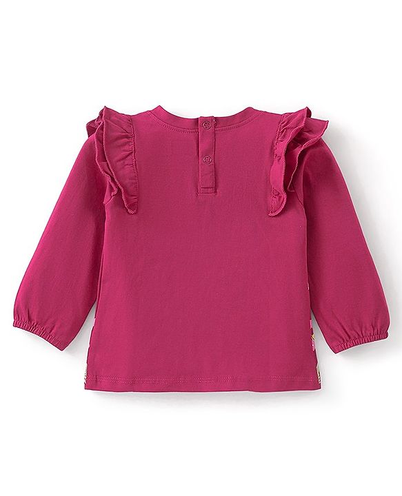 Babyhug Cotton Knit Full Sleeves Tee  & Frill Detailing Squirrel & Floral Print- Maroon
