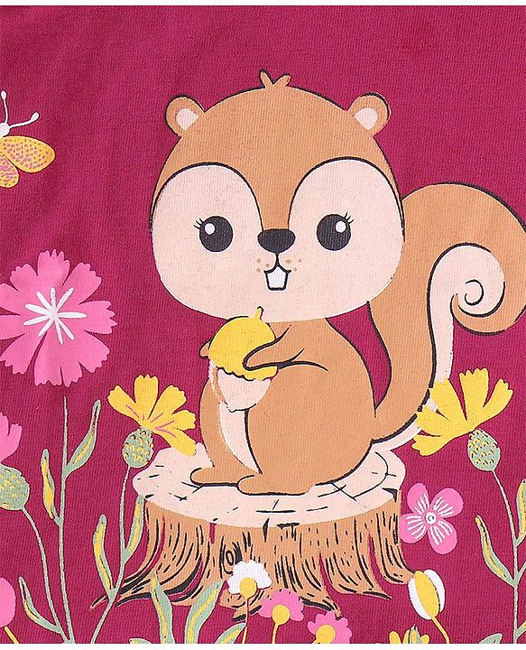 Babyhug Cotton Knit Full Sleeves Tee  & Frill Detailing Squirrel & Floral Print- Maroon