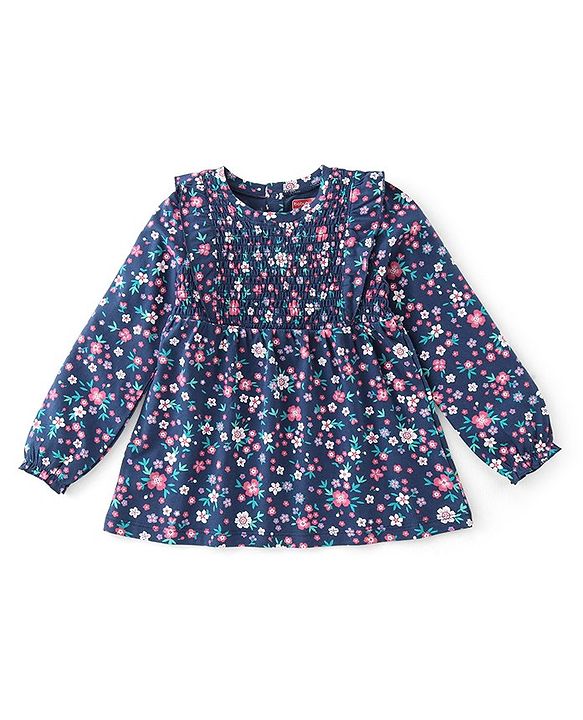 Babyhug Cotton Knit Full Sleeves Printed Top with Frill Detailing Floral Printed - Navy Blue