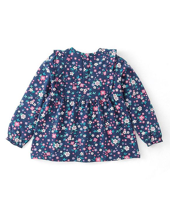 Babyhug Cotton Knit Full Sleeves Printed Top with Frill Detailing Floral Printed - Navy Blue