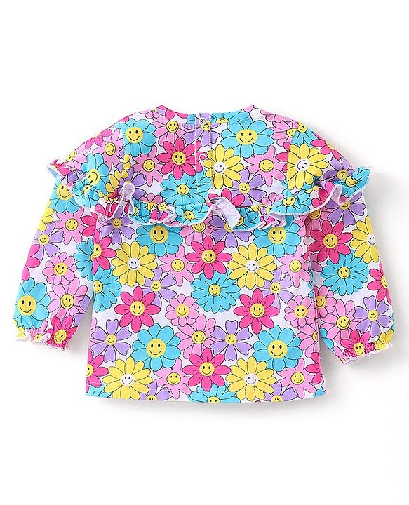 Babyhug Cotton Knit Full Sleeves Tee  & Frill Detailing Floral Print- Pink Purple & Blue