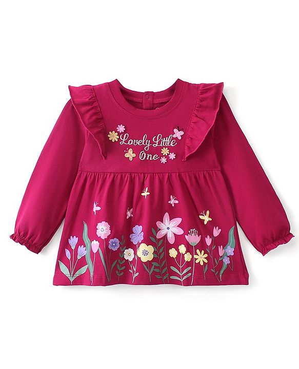 Babyhug Cotton Full Sleeves Tee With Floral Graphics & Frill Detailing- Maroon