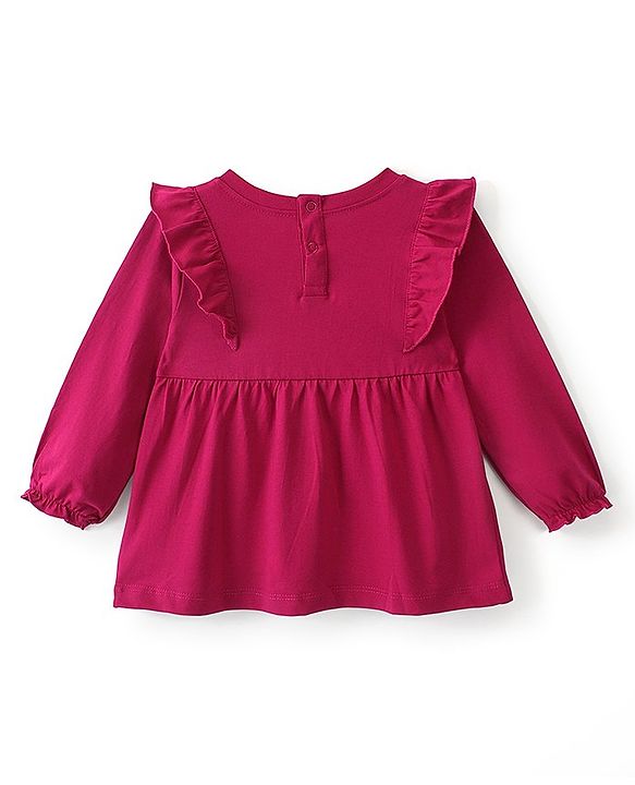 Babyhug Cotton Full Sleeves Tee With Floral Graphics & Frill Detailing- Maroon