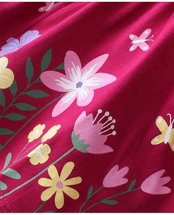Babyhug Cotton Full Sleeves Tee With Floral Graphics & Frill Detailing- Maroon