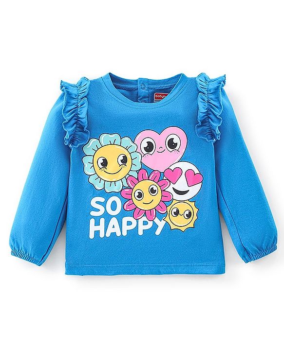 Babyhug 100% Cotton Knit Full Sleeves T-Shirt With Emoji Graphics & Frill Detailing - Blue