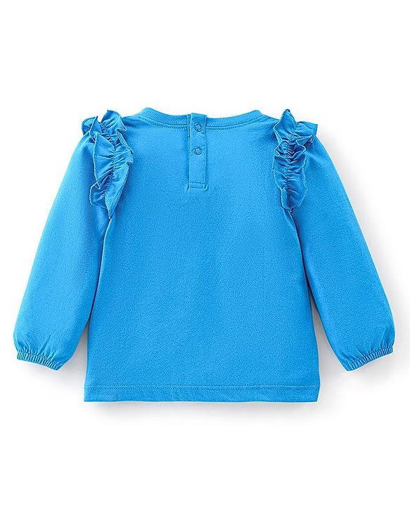 Babyhug 100% Cotton Knit Full Sleeves T-Shirt With Emoji Graphics & Frill Detailing - Blue