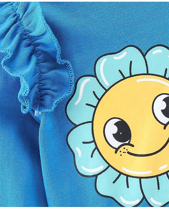 Babyhug 100% Cotton Knit Full Sleeves T-Shirt With Emoji Graphics & Frill Detailing - Blue