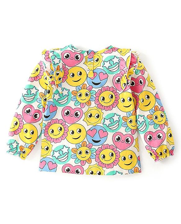 Babyhug 100% Cotton Knit Full Sleeves Top With Frill Detailing Emoji Print - Off White