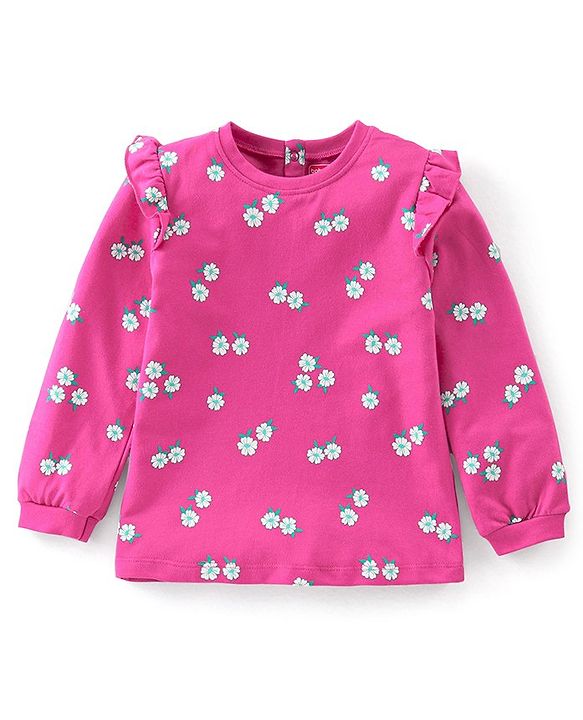 Babyhug 100% Full Sleeves Winter T-Shirt With All Over Floral Print - Purple