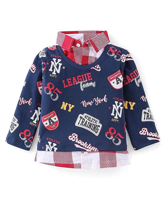Babyhug 100% Cotton Knit Full Sleeves Overlapped T-Shirt with Text Graphics - Navy Blue