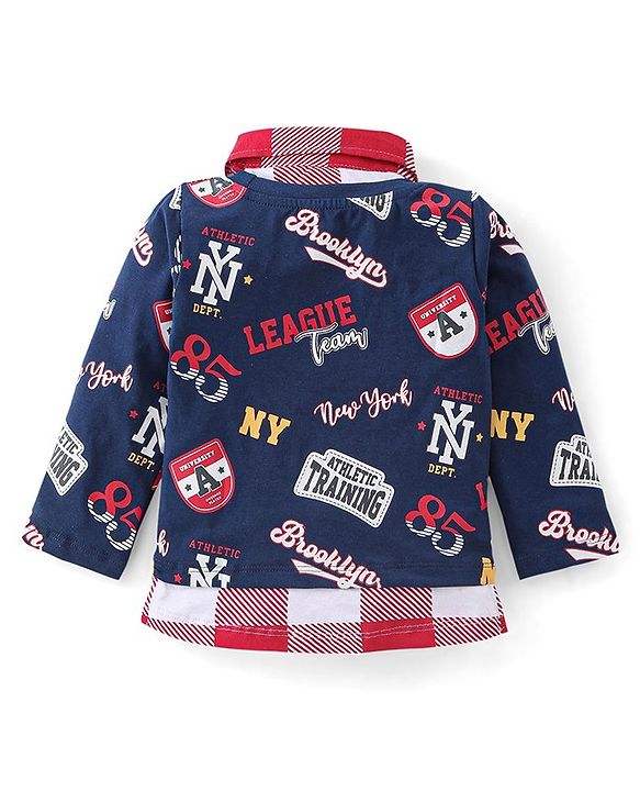 Babyhug 100% Cotton Knit Full Sleeves Overlapped T-Shirt with Text Graphics - Navy Blue