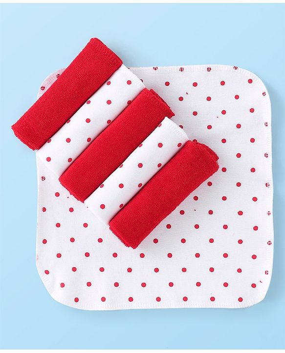 Babyhug Cotton Terry Knit Wash cloth Polka Dots Print Pack of 6 L 30 x B 30 cm - Red & White