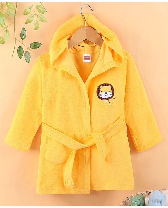 Babyhug Cotton Terry Knit Full Sleeves Hooded Bath Robe Lion Design - Yellow