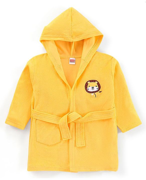 Babyhug Cotton Terry Knit Full Sleeves Hooded Bath Robe Lion Design - Yellow