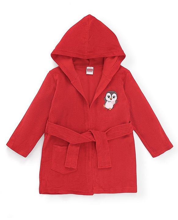 Babyhug Cotton Knit Full Sleeves Hooded Bath Robe Penguin Design - Red