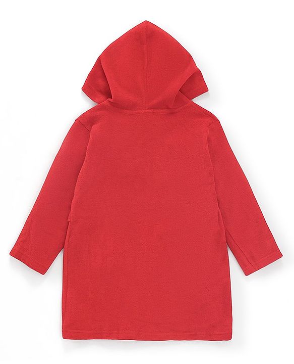 Babyhug Cotton Knit Full Sleeves Hooded Bath Robe Penguin Design - Red