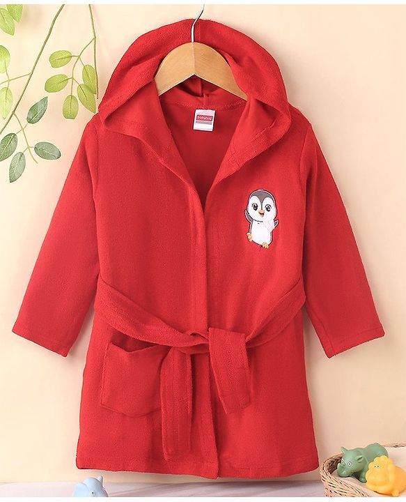 Babyhug Cotton Knit Full Sleeves Hooded Bath Robe Penguin Design - Red