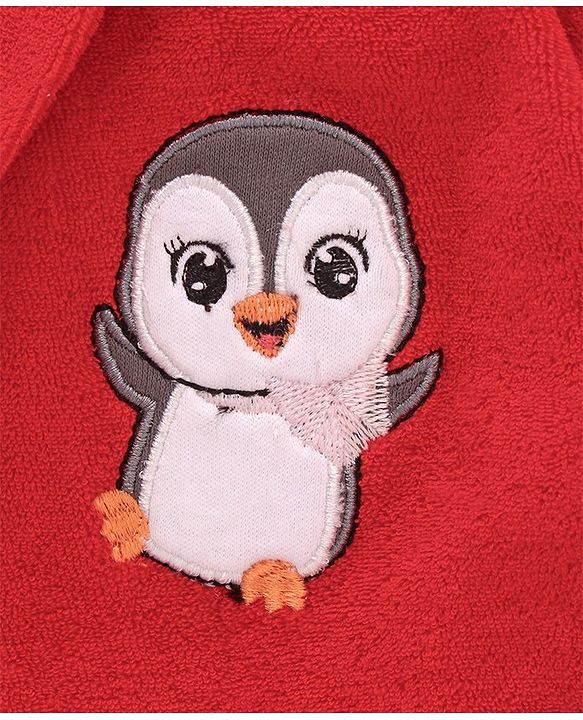 Babyhug Cotton Knit Full Sleeves Hooded Bath Robe Penguin Design - Red