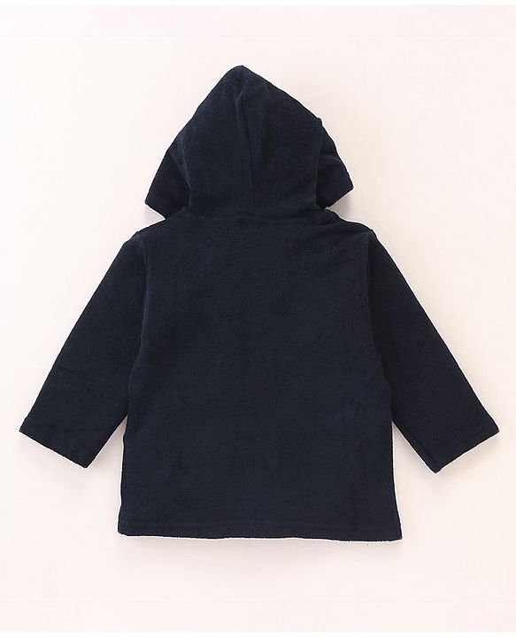 Babyhug Cotton Knit Full Sleeves Hooded Bath Robe Bear Embroidery - Navy Blue