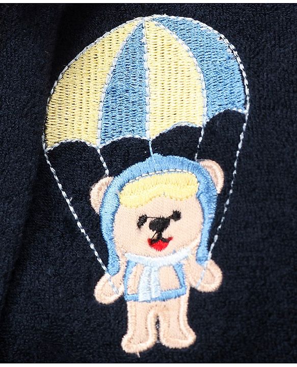 Babyhug Cotton Knit Full Sleeves Hooded Bath Robe Bear Embroidery - Navy Blue