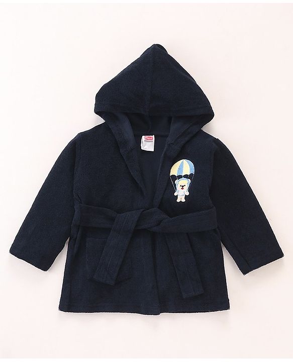 Babyhug Cotton Knit Full Sleeves Hooded Bath Robe Bear Embroidery - Navy Blue