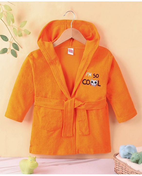 Babyhug Cotton Knit Full Sleeves Hooded Bath Robe Text Embroidery - Orange