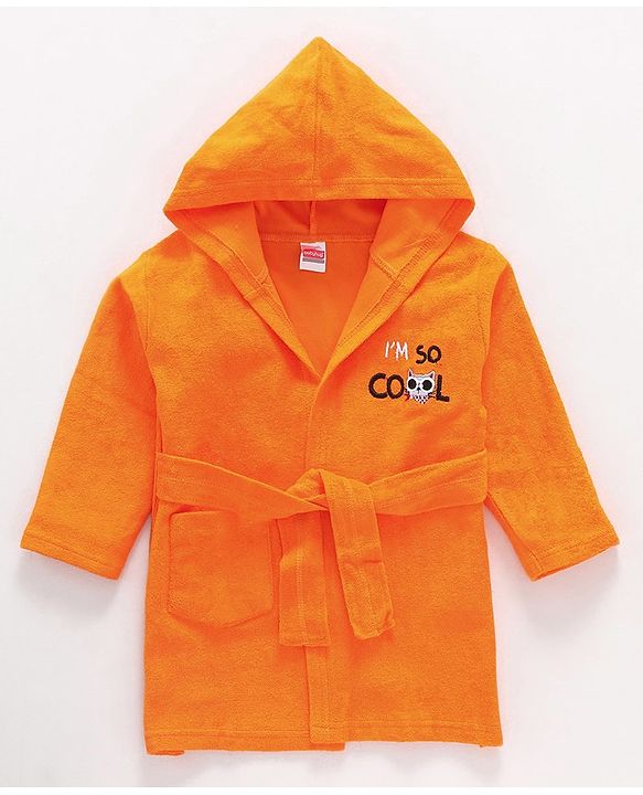 Babyhug Cotton Knit Full Sleeves Hooded Bath Robe Text Embroidery - Orange