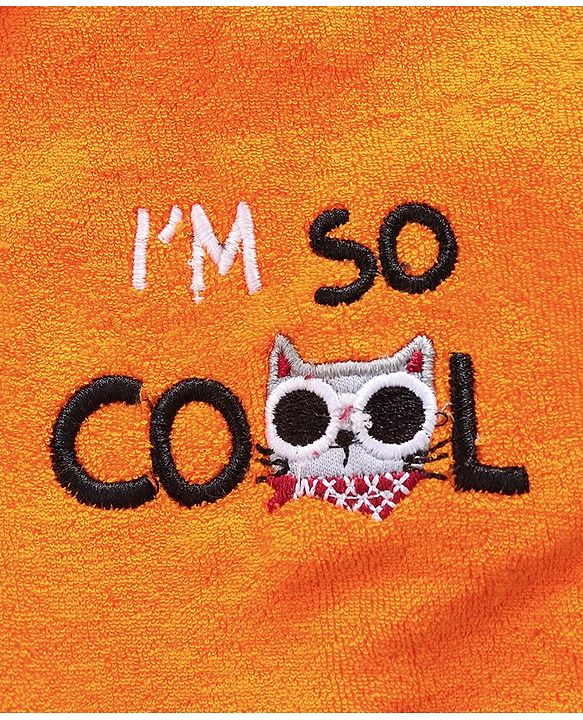 Babyhug Cotton Knit Full Sleeves Hooded Bath Robe Text Embroidery - Orange