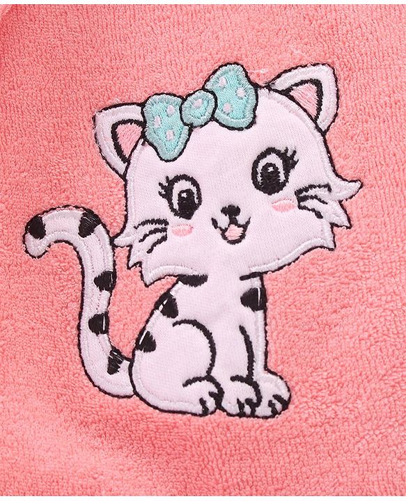 Babyhug Cotton Knit Full Sleeves Hooded Bath Robe Kitten Design - Pink