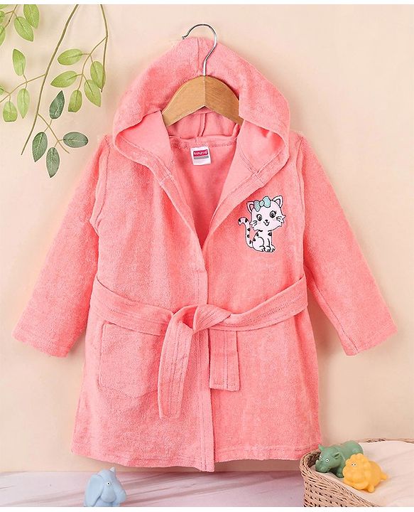 Babyhug Cotton Knit Full Sleeves Hooded Bath Robe Kitten Design - Pink