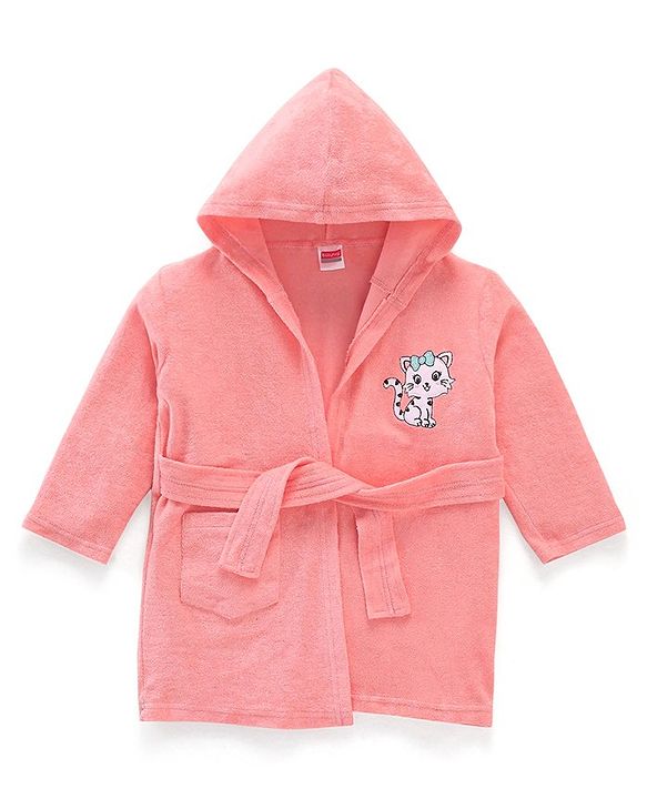 Babyhug Cotton Knit Full Sleeves Hooded Bath Robe Kitten Design - Pink