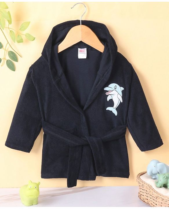 Babyhug Cotton Knit Full Sleeves Hooded Bath Robe Dolphin Patch - Navy Blue
