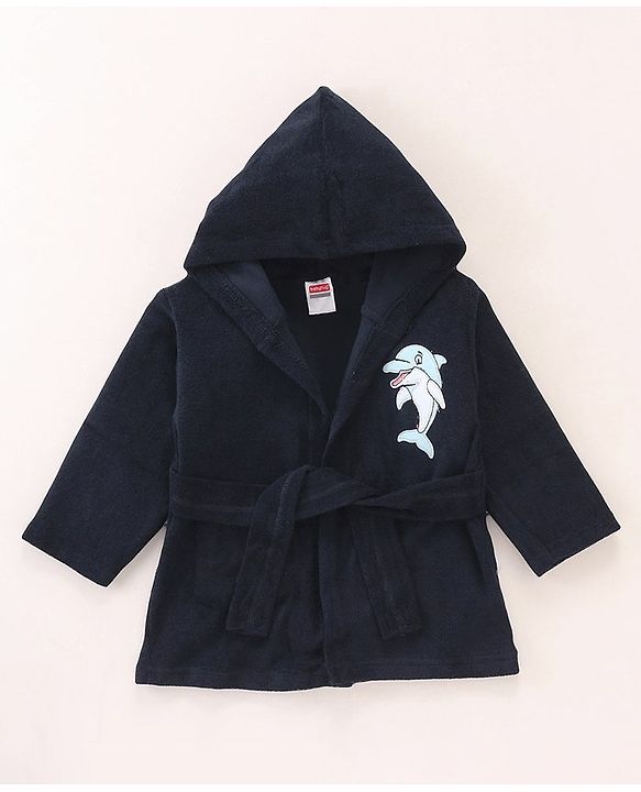 Babyhug Cotton Knit Full Sleeves Hooded Bath Robe Dolphin Patch - Navy Blue