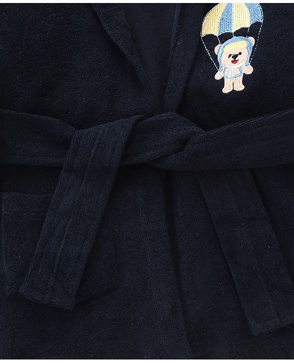 Babyhug Cotton Knit Full Sleeves Hooded Bath Robe Dolphin Patch - Navy Blue