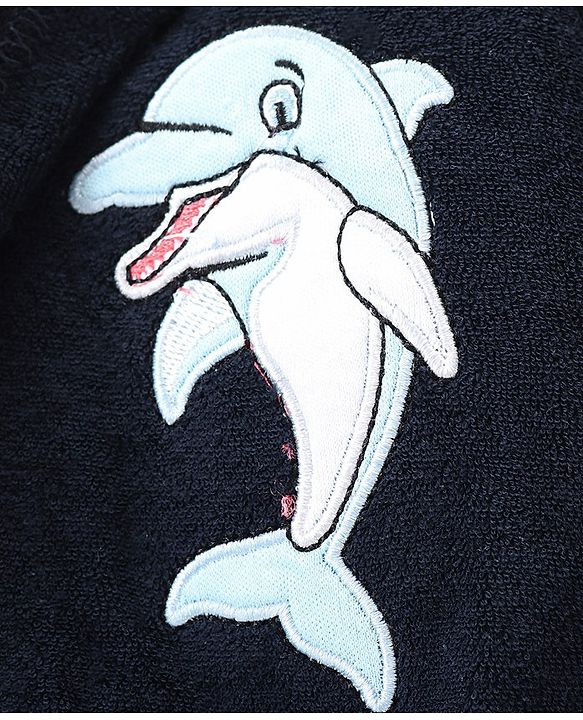 Babyhug Cotton Knit Full Sleeves Hooded Bath Robe Dolphin Patch - Navy Blue