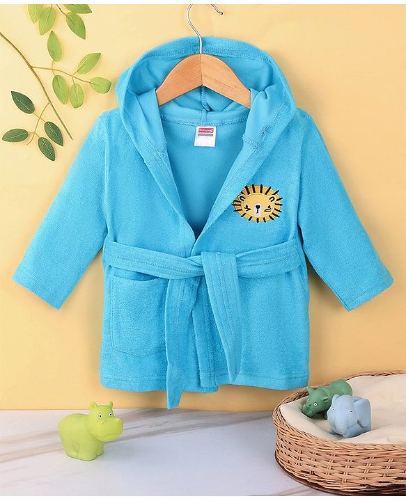 Babyhug Cotton Full Sleeves Hooded Bath Robe with Lion Embroidery - Blue
