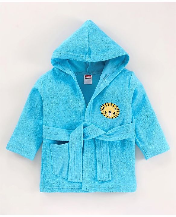 Babyhug Cotton Full Sleeves Hooded Bath Robe with Lion Embroidery - Blue