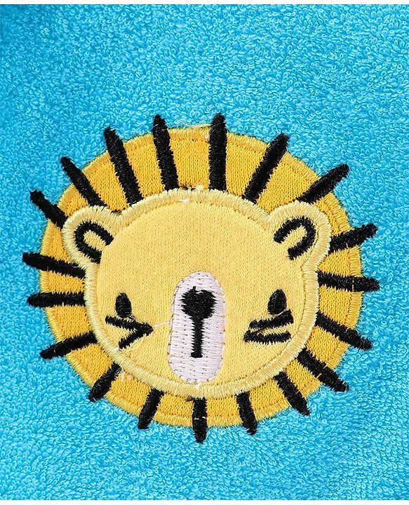 Babyhug Cotton Full Sleeves Hooded Bath Robe with Lion Embroidery - Blue