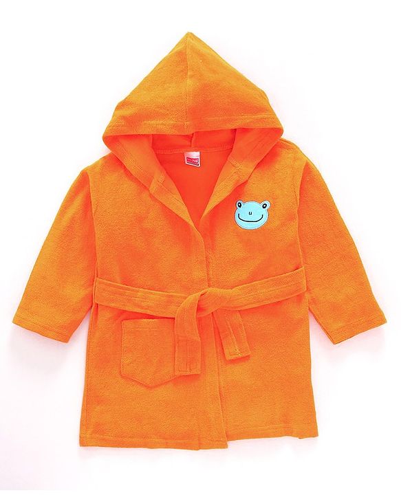 Babyhug Cotton Knit Full Sleeves Hooded Bath Robe Frog Patch - Orange