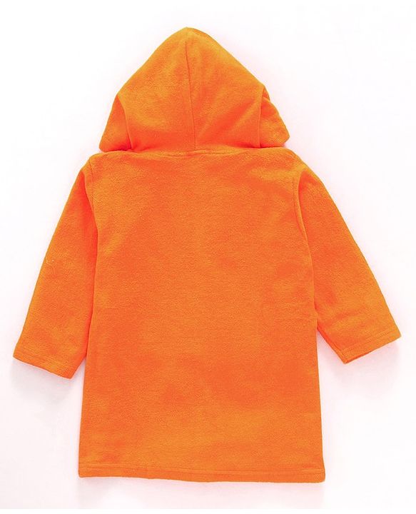 Babyhug Cotton Knit Full Sleeves Hooded Bath Robe Frog Patch - Orange