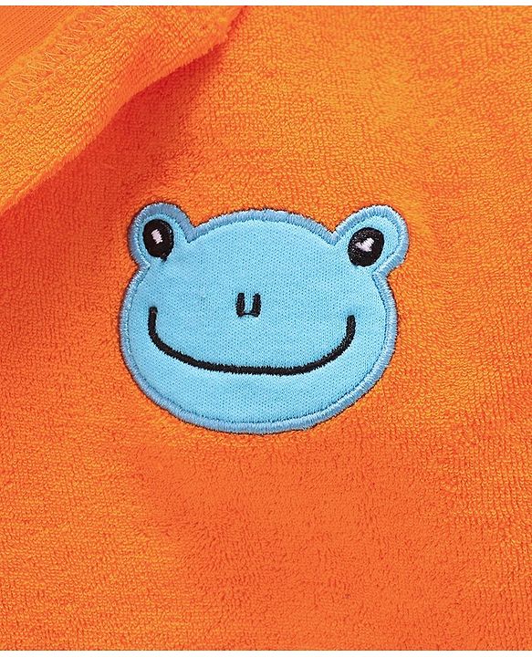 Babyhug Cotton Knit Full Sleeves Hooded Bath Robe Frog Patch - Orange