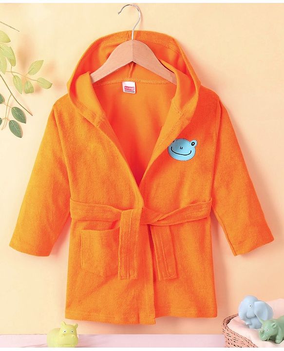 Babyhug Cotton Knit Full Sleeves Hooded Bath Robe Frog Patch - Orange