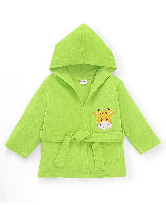 Babyhug Cotton Knit Full Sleeves Hooded Bath Robe Giraffe Embroidery - Green