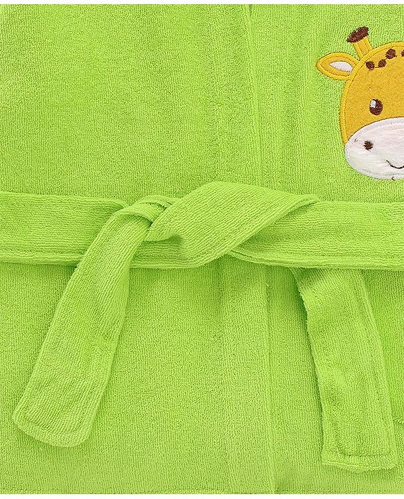 Babyhug Cotton Knit Full Sleeves Hooded Bath Robe Giraffe Embroidery - Green