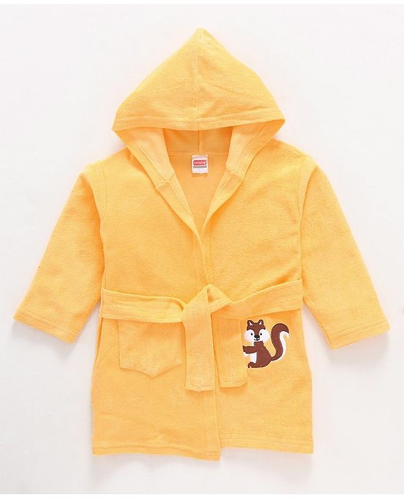 Babyhug Cotton Knit Full Sleeves Hooded Bath Robe Squirrel Patch - Yellow